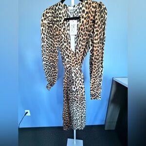 Ganni Long-Sleeve Leopard Wrap Dress in Brown and Black